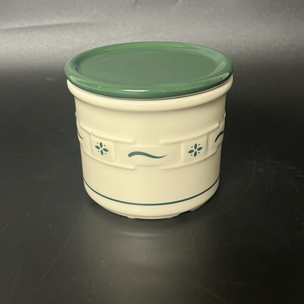 Longaberger Pottery Green Woven Traditions pint Crock, Lid, Coaster & New Candle